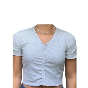 Grey Women’s ROMWE V-Neck Button Up Cropped T-Shirt Size Medium